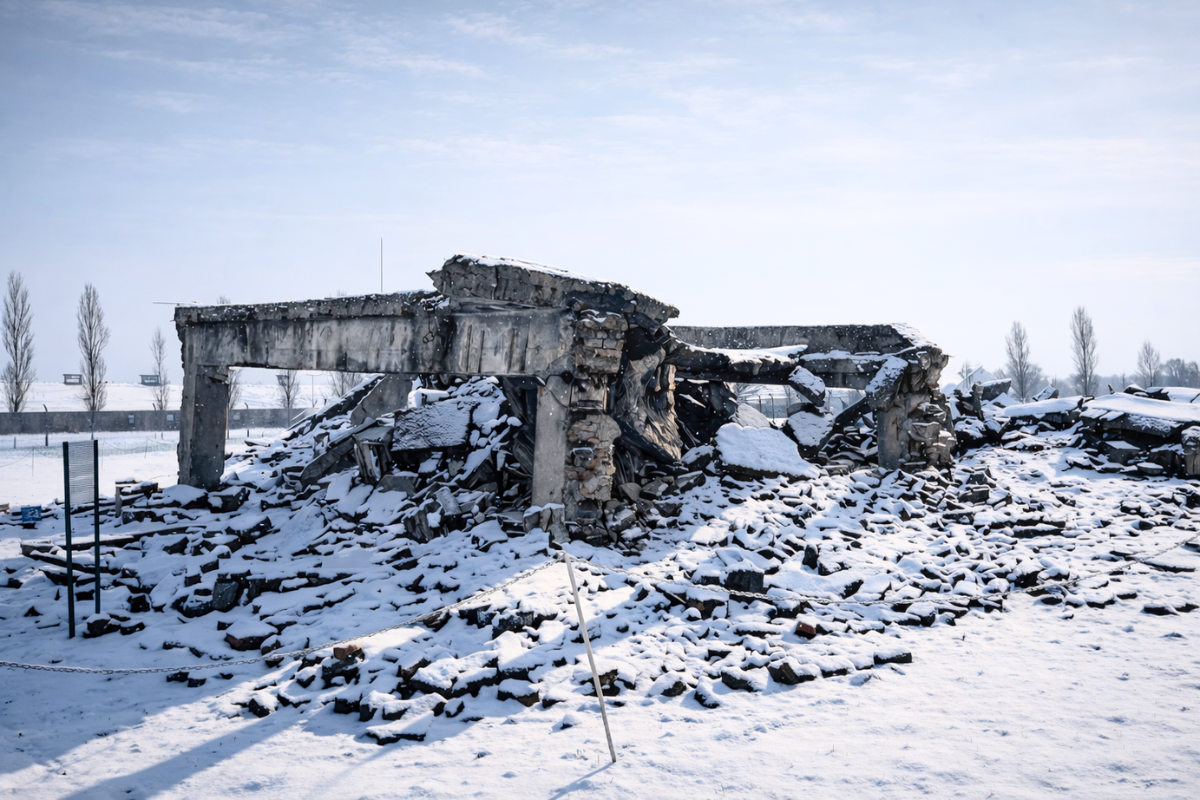 Auschwitz Birkenau Crematorium Ruins Ruins of a gas chamber and crematorium at Auschwitz II–Birkenau