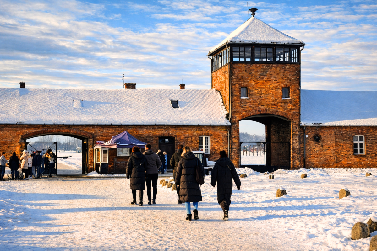 Auschwitz Birkenau Memorial Entrance Winter Visit Auschwitz II–Birkenau main gate in winter