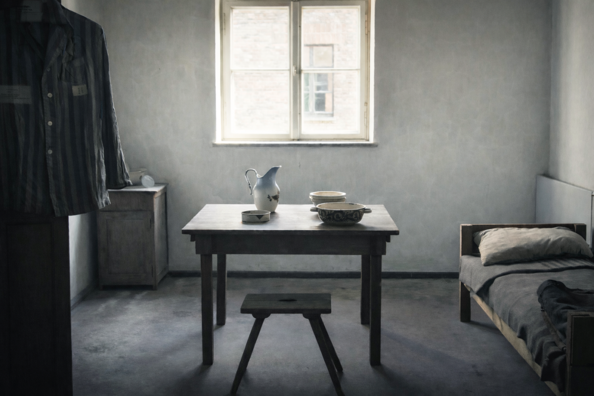 Auschwitz Birkenau Prisoner Room Interior Exhibit Krakow Direct Prisoner room with bed and table inside an Auschwitz I building