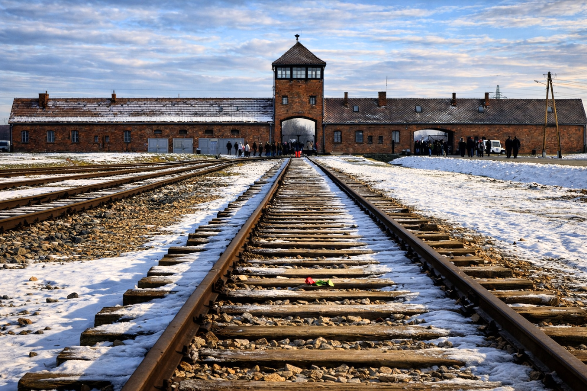 Auschwitz Birkenau Railway Tracks Entrance Gate Winter Krakow Direct Railway tracks leading to the Auschwitz II–Birkenau camp entrance
