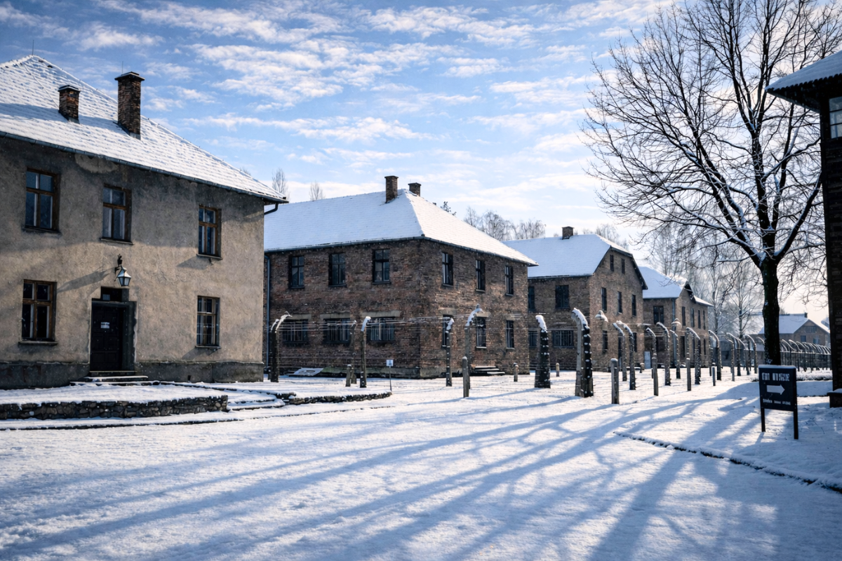 Auschwitz I Barbed Wire Barracks Winter Scene Historic barracks and grounds at Auschwitz I memorial site