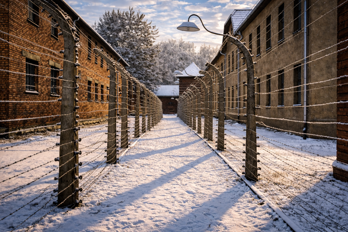 Auschwitz I Barbed Wire Fence Between Prison Blocks Barbed wire fence and camp buildings at Auschwitz II–Birkenau in winter