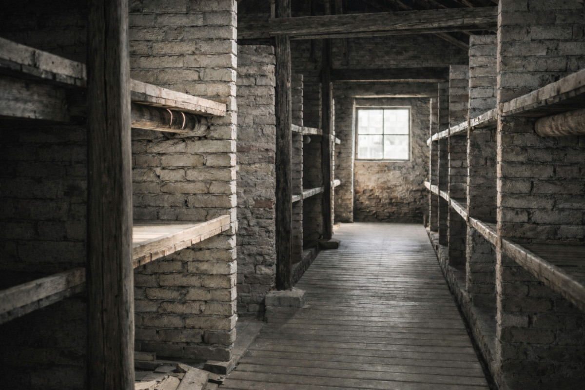 Auschwitz Birkenau Barracks Interior Wooden Bunks Exhibit Interior of a prisoner barrack at Auschwitz II–Birkenau