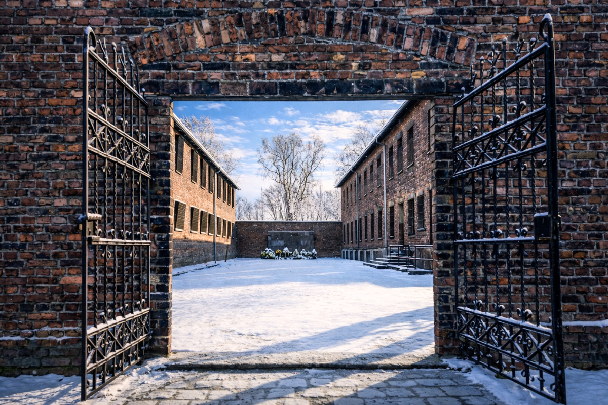 Auschwitz I Camp Gate Entrance Courtyard Winter Entrance gate at Auschwitz I former concentration camp