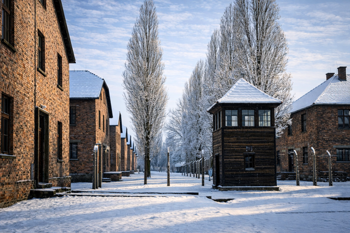 Auschwitz I Guardhouse And Barracks Winter Walk Guard tower and barracks at Auschwitz II–Birkenau memorial site