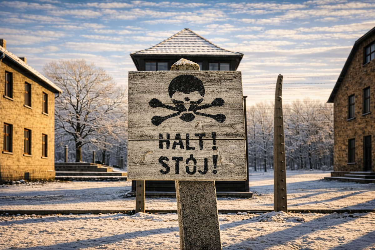 Auschwitz I Halt Stop Warning Sign Memorial “Halt Stop” warning sign inside Auschwitz Birkenau concentration camp