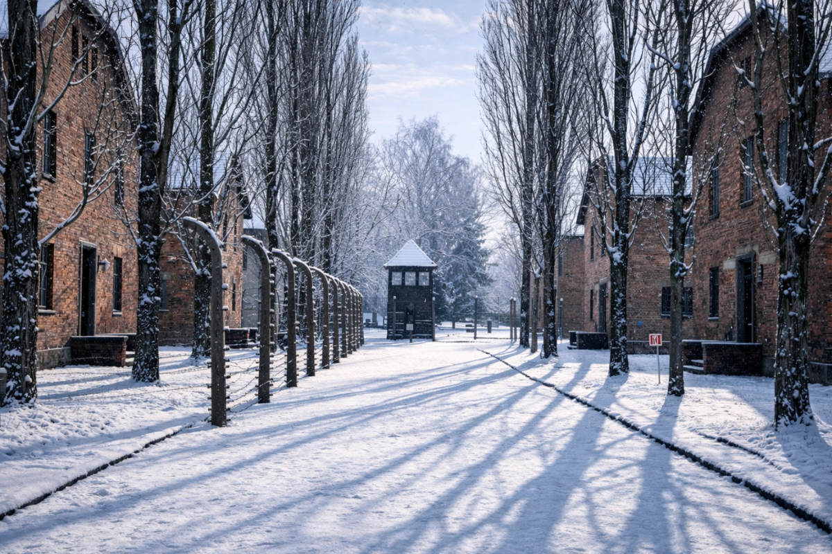 Auschwitz I Main Camp Prison Barracks Road Winter pathway and watchtower at Auschwitz II–Birkenau