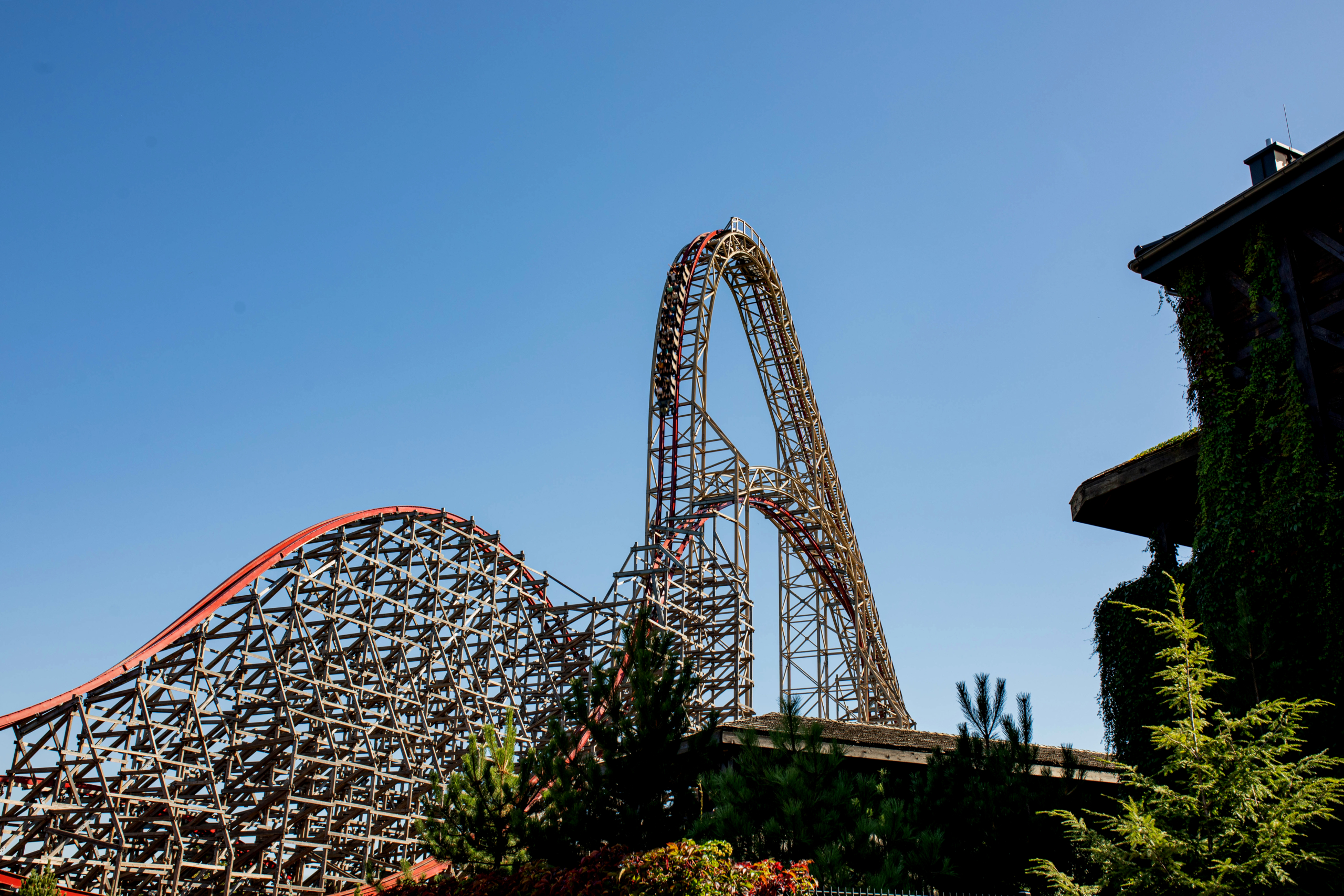 Energylandia mega drop roller coaster High drop roller coaster at Energylandia in Zator on a sunny day.