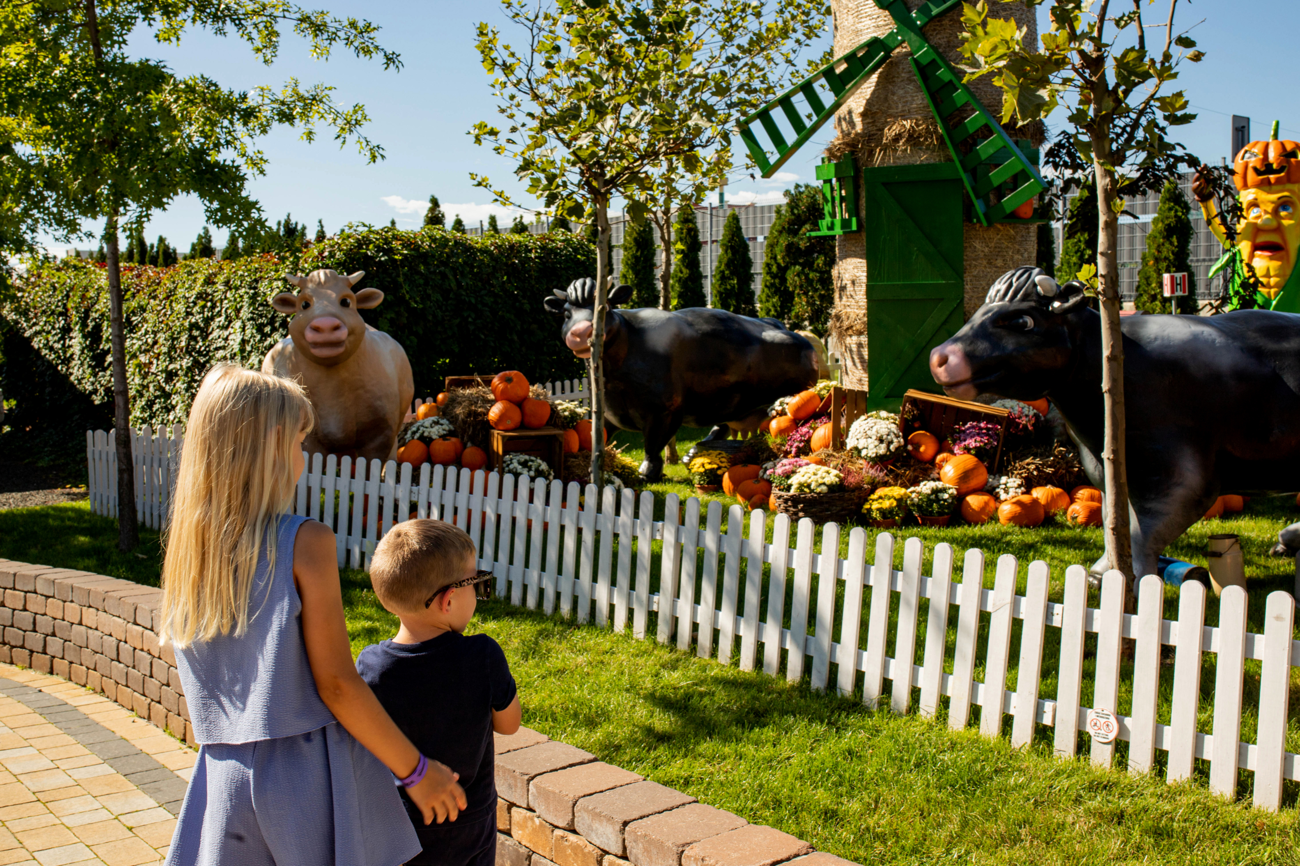 Family-friendly zone with autumn decorations Children exploring a pumpkin-themed display with animal figures and autumn decorations at Energylandia amusement park.
